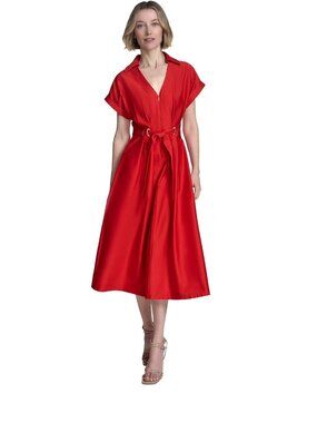 Halston Womens Red Belted Midi Dress With Gold Accents Short Sleeves & Zipper Fr
